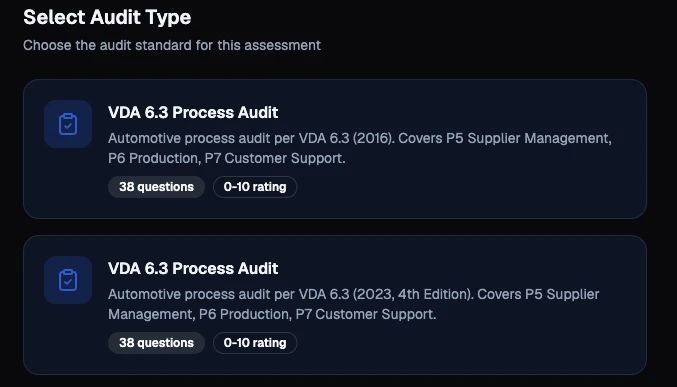 Choosing a standard or importing approved audit material in Qualiteh Audit